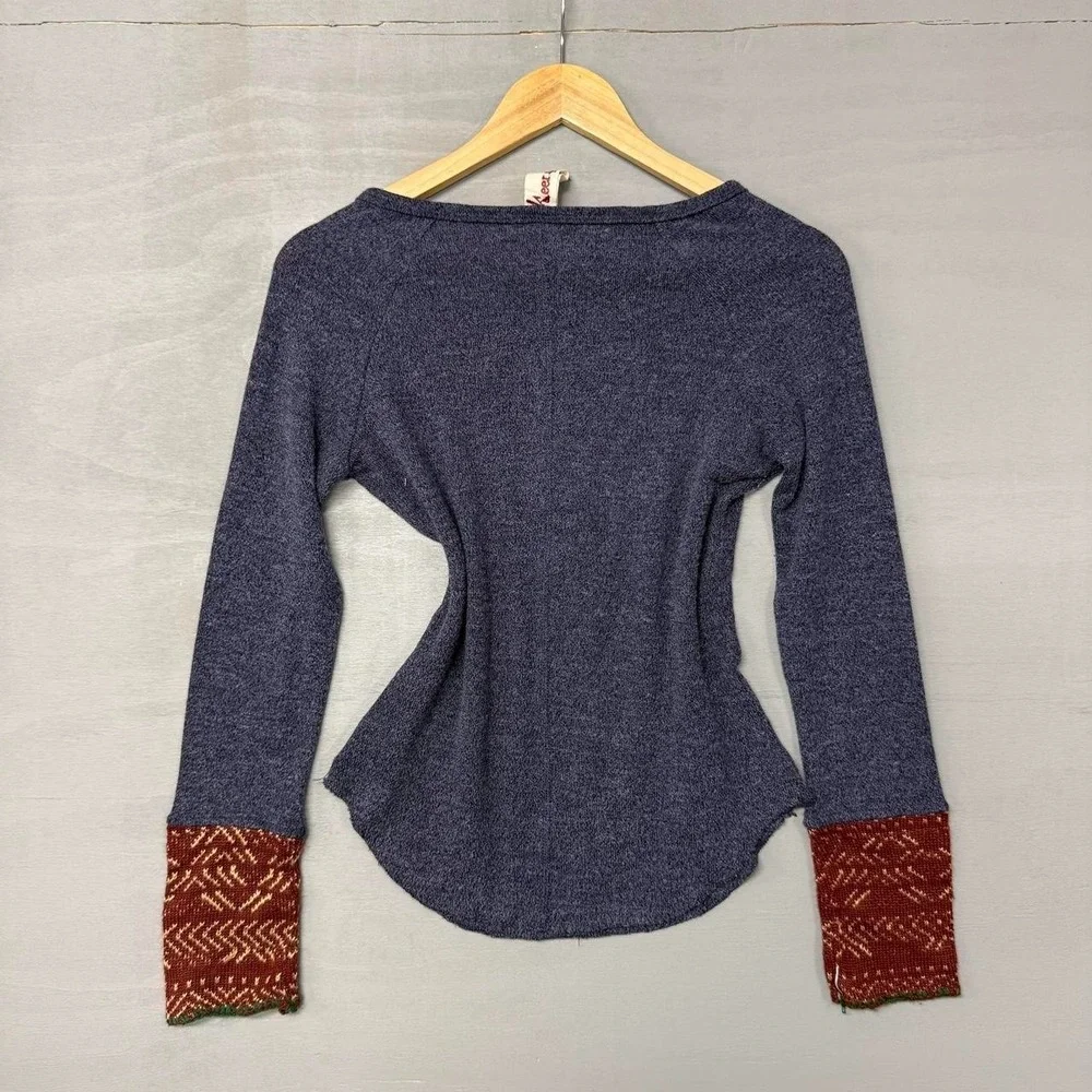 Y2K‎ Alpine Cuff Abercrombie Style Baby Doll Henley Blue Shirt Sweater Medium